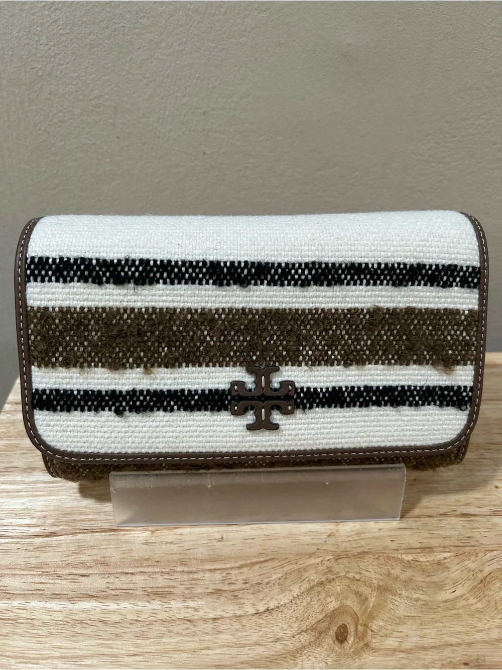 Tory Burch Cream, Brown & Black Striped Crossbody Bag